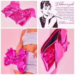 PrettyLittleThing Shiny Pink Bow Clutch